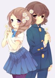  1boy bad_id bad_pixiv_id braid brown_eyes brown_hair female flower inazuma_eleven_(series) inazuma_eleven_go long_hair moriyama_shijimi open_mouth pantyhose photoshop_(medium) purple_eyes purple_legwear ribbon school_uniform shindou_takuto smile twin_braids yamana_akane 