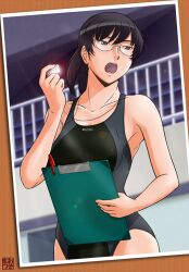  amagami bad_id bad_pixiv_id black_eyes black_hair clipboard competition_swimsuit female one-piece_swimsuit osomatu-sama photo_(object) ponytail short_hair solo swimsuit tsukahara_hibiki whistle 