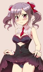  black_bra black_panties blush bra breasts cleavage clothes_lift commentary_request female grey_hair hair_ribbon idolmaster idolmaster_cinderella_girls kanzaki_ranko lingerie lolita_fashion medium_breasts necktie panties pink_eyes ribbon skirt skirt_lift solo tears twintails underwear uraichishi wrist_cuffs 