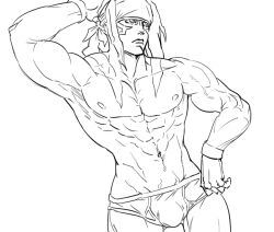  1boy abs alex_(street_fighter) armpits bad_id bb_(baalbuddy) briefs bulge fingerless_gloves flexing gloves greyscale headband inactive_account long_hair male_focus male_underwear manly md5_mismatch monochrome muscular muscular_male navel photoshop_(medium) scar standing street_fighter street_fighter_iii_(series) topless_male underwear underwear_only 