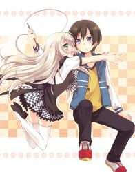  1boy ahoge blue_eyes blush brown_hair checkered_clothes checkered_skirt commentary female fork green_eyes grey_hair haiyore!_nyaruko-san kousetsu long_hair nyarlathotep_(nyaruko-san) open_mouth skirt symbol-only_commentary thighhighs yasaka_mahiro 