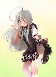  :d ahoge blue_eyes bow_(bhp) clothes_lift commentary_request female grey_hair haiyore!_nyaruko-san jpeg_artifacts long_hair nyarlathotep_(nyaruko-san) one_eye_closed open_mouth panties side-tie_panties side-tie_peek skirt skirt_lift smile solo thighhighs underwear 