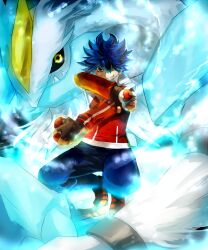  1boy alternate_form bad_id bad_pixiv_id blue_hair dragon fingerless_gloves fukurou_(hukirou) gloves grin hair_over_one_eye holding holding_poke_ball hugh_(pokemon) jacket kyurem male_focus pants poke_ball poke_ball_(basic) pokemon pokemon_(creature) pokemon_bw2 red_eyes smile spiked_hair squatting white_kyurem 