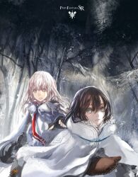  2girls berlinetta_(pixiv_fantasia) blonde_hair brown_hair cloak commentary_request fingerless_gloves fur gloves highres lin+ mittens multiple_girls pixiv_fantasia pixiv_fantasia_sword_regalia tears tree winter 