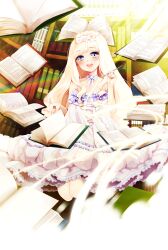  anz_(starry) bad_id bad_pixiv_id blue_eyes blush book bookshelf dress female hairband highres long_hair open_mouth original photoshop_(medium) smile solo white_hair 