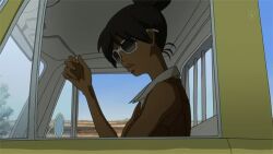  animated animated cap dark_skin driving female female lowres michiko_&amp;_hatchin michiko_malandro michiko_to_hacchin michiko_to_hatchin motor_vehicle screencap solo sunglasses tongue tongue_out vehicle 