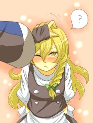  1boy ? akasata bad_id bad_pixiv_id blonde_hair blush braid female hair_ribbon headpat kirisame_marisa long_hair morichika_rinnosuke no_headwear one_eye_closed ribbon speech_bubble touhou yellow_eyes 