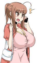  ahoge breasts brown_eyes brown_hair dress female female highres huge_breasts maru_(maruttona) maruttona minoru_oba open_mouth original phone phoning ponytail simple_background solo standing telephone white_background 