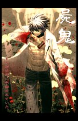  1boy abs blood commentary_request flower hammer highres looking_at_viewer male_focus midriff ozaki_toshio sakamoto_akira shiki_(novel) skull solo spiked_hair stake translation_request 