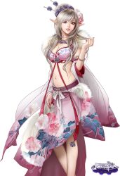  bad_link bracelet detached_sleeves elf female grey_hair hair_ornament halterneck highres jewelry lip_piercing lips long_hair meng_li midriff navel piercing pointy_ears qq_xi_you red_eyes simple_background solo standing watermark white_background zhang_xiaobai 