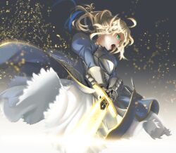  armor armored_dress artoria_pendragon_(fate) blonde_hair commentary_request excalibur_(fate/stay_night) fate/zero fate_(series) female gauntlets glowing glowing_weapon green_eyes hair_ribbon light_particles open_mouth puffy_sleeves ribbon saber_(fate) sharakuryousuke shouting solo sword weapon 