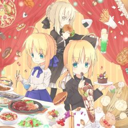  3girls ahoge anmitsu_(dessert) artoria_pendragon_(fate) bamboo_steamer baozi black_pantyhose blonde_hair braid braided_bun cake cake_slice candy checkerboard_cookie cheesecake chocolate chocolate_bar chopsticks commentary_request cookie cream_puff curry curry_rice curtains dorayaki doughnut drink dumpling fate/hollow_ataraxia fate/stay_night fate/zero fate_(series) feast floating food formal french_fries fruit gothic_lolita green_eyes hair_bun hair_ribbon hamburger_steak ice_cream ice_cream_float lolita_fashion long_hair longevity_peach_bun mapo_tofu melon_soda multiple_girls multiple_persona noodles onigiri pantyhose parfait pasta peach pie pizza ponytail popcorn ribbon rice saber_(fate) saber_alter salad sandwich shumai_(food) single_hair_bun sizzler_plate spaghetti suit sweets table takoyaki tempura tofu too_much_food wafer_stick wagashi watase_rei wrapped_candy yellow_eyes 