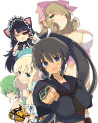  5girls :d :p black_serafuku blonde_hair bow breasts brown_hair cleavage cleavage_cutout clenched_hand clothing_cutout curly_hair dress eyepatch gothic_lolita green_eyes grin hair_ribbon hairbow haruka_(senran_kagura) hat hebijo_academy_uniform hikage_(senran_kagura) homura_(senran_kagura) large_breasts lolita_fashion long_hair mirai_(senran_kagura) multiple_girls official_art one_eye_closed open_mouth ribbon school_uniform senran_kagura senran_kagura_shoujo-tachi_no_shin&#039;ei serafuku smile tongue tongue_out yaegashi_nan yomi_(senran_kagura) 