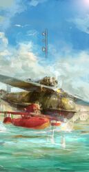  aerial_battle aircraft airplane battle commentary_request copyright_name dabohaze flying_boat highres kurenai_no_buta lixiaoyao_ii no_humans outdoors photoshop_(medium) savoia_s.21 splashing vehicle_focus water 