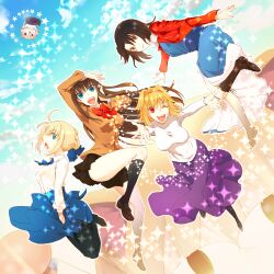  4girls ahoge aozaki_aoko arcueid_brunestud artoria_pendragon_(fate) bad_id bad_pixiv_id black_pantyhose black_socks blazer blonde_hair blue_eyes boots bow bowtie braid breasts brown_hair company_connection convenient_leg crossover fate/stay_night fate_(series) fur_collar hair_bun hair_intakes hair_ribbon jacket japanese_clothes jumping kara_no_kyoukai kimono knee_boots kneehighs large_breasts long_hair long_skirt mahou_tsukai_no_yoru multiple_girls neco-arc nichiru one_eye_closed open_mouth outstretched_arms pantyhose purple_skirt red_eyes ribbon ryougi_shiki saber_(fate) school_uniform short_hair single_hair_bun skirt skirt_tug sky smile socks sparkle star_(symbol) tsukihime type-moon 