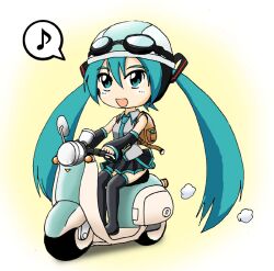  akiran_(r32) aqua_eyes aqua_hair backpack bag black_thighhighs chibi commentary_request detached_sleeves driving female goggles goggles_on_head hatsune_miku helmet long_hair motor_vehicle music musical_note necktie on_scooter partial_commentary scooter singing skirt solo thighhighs twintails vocaloid 