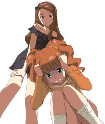  2girls a1_(initial-g) bare_shoulders brown_eyes brown_hair collarbone cowering dress from_below green_eyes hairband hands_on_own_knees idolmaster idolmaster_(classic) kneehighs leaning_forward looking_down minase_iori multiple_girls perspective photoshop_(medium) simple_background socks takatsuki_yayoi twintails white_background white_legwear 