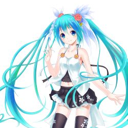  aqua_eyes aqua_hair bare_shoulders commentary_request female flower hair_flower hair_ornament hatsune_miku long_hair navel photoshop_(medium) setona_(daice) simple_background skirt smile solo thighhighs twintails very_long_hair vocaloid white_background 