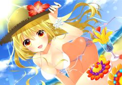  bad_id bad_pixiv_id bare_shoulders beach bent_over bikini blonde_hair blue_hawaii blush bracelet breasts cleavage cloud cup day female flower food front-tie_top fruit hat hibiscus highres jewelry large_breasts leaning_forward long_hair looking_at_viewer open_mouth original outdoors red_eyes side-tie_bikini_bottom sky smile solo sparkle straw_hat swimsuit tropical_drink white_bikini yadapot 