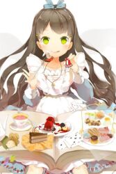  anmi bell book brown_hair cake card cookie dress eating female food fork frills glowing glowing_eyes green_eyes hair_ribbon holding jewelry long_hair lowres necklace open_book pastry photoshop_(medium) plate ribbon sitting smile solo sword_girls tea tongue very_long_hair wavy_hair wrist_cuffs 