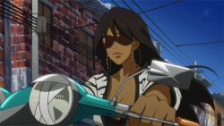  animated animated cap dark_skin earrings female female jewelry lowres michiko_&amp;_hatchin michiko_malandro michiko_to_hacchin michiko_to_hatchin motor_vehicle motorcycle screencap solo sunglasses vehicle 