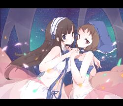  2girls bare_shoulders black_hair brown_hair chitanda_eru choker commentary gerukazai hairband hyouka ibara_mayaka letterboxed lolita_hairband long_hair madoromi_no_yakusoku multiple_girls nightgown petals purple_eyes sky star_(sky) star_(symbol) starry_sky symbol-only_commentary 