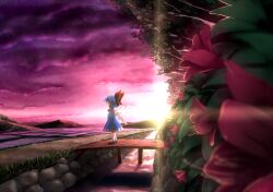  blue_hair blurry bow bridge cirno commentary_request depth_of_field dress female flower hairbow kachayori lolicon scenery short_hair solo sunlight sunset touhou wings 