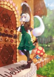  bad_id bad_pixiv_id basket black_pantyhose blue_eyes bottle capelet door dress female food gingerbread_house hair_ribbon hairband house konpaku_youmu konpaku_youmu_(ghost) mushroom nunucco pantyhose ribbon short_hair solo sweets touhou tree white_hair 