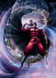  1boy abs absurdres armor boots capcom cape greaves hat highres m_bison male male_focus muscle no_pupils official_art pauldrons peaked_cap pectorals solo street_fighter street_fighter_x_tekken vambraces vega 