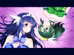  2girls aoki_reika bare_shoulders blue_eyes blue_hair breasts choker commentary_request eyelashes green_choker head_wings highres long_hair magical_girl medium_breasts midorikawa_nao multiple_girls oborotsuki_kakeru precure small_breasts smile smile_precure tiara upside-down wings 