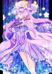  bespectacled bow breasts capelet commentary_request crescent female glasses hairbow hat highres long_hair medium_breasts nightgown patchouli_knowledge purple_eyes purple_hair qontamblue solo touhou very_long_hair 