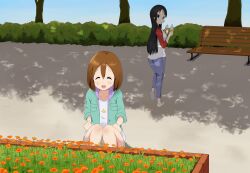  2girls absurdres akiyama_mio black_eyes black_hair breasts commentary_request food highres hime_cut hirasawa_yui ice_cream k-on! long_hair multiple_girls open_mouth outdoors shizupu sleeves_rolled_up small_breasts 