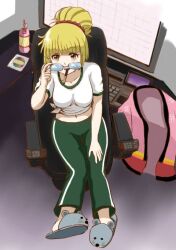  akihisa201 animal_slippers bad_id bad_pixiv_id blonde_hair coke-bottle_glasses computer coorie eating female food glasses gym_uniform holding holding_removed_eyewear jpeg_artifacts midriff miniskirt_pirates navel pants pocky shirt sitting slippers solo tied_shirt track_pants unworn_eyewear yellow_eyes 