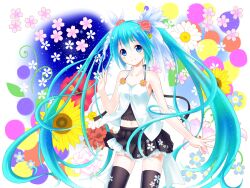  aqua_eyes aqua_hair bare_shoulders commentary_request female flower hair_flower hair_ornament hatsune_miku highres long_hair navel photoshop_(medium) setona_(daice) skirt smile solo thighhighs twintails very_long_hair vocaloid 