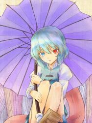  blue_eyes blue_hair commentary_request faux_traditional_media female head_tilt heterochromia karakasa_obake legs_up long_sleeves looking_at_viewer parted_lips puffy_sleeves purple_umbrella red_eyes shimada_(simada_bu) short_hair sitting skirt solo striped striped_background tatara_kogasa tongue touhou umbrella vest 