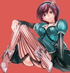  arm_support bad_id bad_pixiv_id black_thighhighs blue_eyes brown_hair commentary_request crown dress female garter_straps gekijou_tragedy_(vocaloid) hairband high_heels lips long_hair looking_at_viewer mini_crown panties pantyshot red_background shoes sitting solo striped_clothes striped_thighhighs tcb thighhighs underwear vertical-striped_clothes vertical-striped_thighhighs vocaloid 