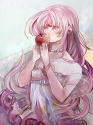  alternate_costume apple apple_(elsword) bad_id bad_pixiv_id bracelet code:_empress_(elsword) dress elsword eve_(elsword) female food fruit jewelry kissing kissing_object long_hair name_connection nameco object_namesake pink_eyes pink_hair red_apple solo 