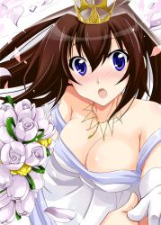  bad_id bad_pixiv_id blue_eyes blush bouquet breasts bridal_veil brown_hair cleavage commentary_request crown dress female flower infinite_stratos long_hair medium_breasts photoshop_(medium) pov shinonono_houki solo tiara veil wedding_dress yamaki_suzu 