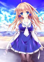  ahoge ascot beach black_pantyhose blue_eyes blush brown_hair cloud commentary_request day dress female flower hair_flower hair_ornament lens_flare long_hair looking_at_viewer original outdoors pantyhose sky smile solo sorai_shin&#039;ya traene_(sorai_shin&#039;ya) water 