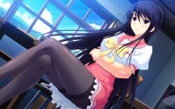  black_hair blush breasts dutch_angle female game_cg indoors legs_crossed long_hair owari_mio pantyhose peassoft purple_eyes sakurage_shibayuki sitting sky smile solo zutto_tsukushite_ageru_no! 