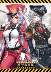  2girls belt braid breasts bullet collaboration commentary_request eyepatch fujiwara_no_mokou gloves grey_hair hat highres houtengeki impossible_clothes impossible_shirt izayoi_sakuya large_breasts long_hair military military_uniform multiple_girls necktie panzer_(p.z) peaked_cap red_eyes shirt short_hair smile sword touhou twin_braids uniform weapon white_gloves 