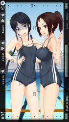  2girls ^^^ black_hair breast_envy breasts brown_eyes commentary_request covered_navel highres hino_taka kurebayashi_katsumi large_breasts long_hair multiple_girls muroto_aki one-piece_swimsuit photokano ponytail pool school_swimsuit shaded_face swimsuit turn_pale twintails v viewfinder water 