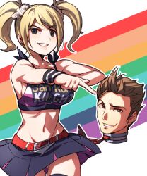  1boy belt blonde_hair breasts brown_hair cheerleader cleavage clothes_writing commentary_request crop_top female grey_eyes grin juliet_starling lollipop_chainsaw medium_breasts midriff naso4 navel necktie nick_carlyle photoshop_(medium) pointing rainbow_background severed_head skirt smile twintails wristband 