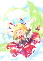  absurdres arms_up blonde_hair blue_eyes bow closed_eyes commentary_request dqn_(dqnww) dress female flower hair_ornament hair_ribbon hairbow highres lily_of_the_valley medicine_melancholy open_mouth ribbon short_hair smile solo su-san touhou wings 