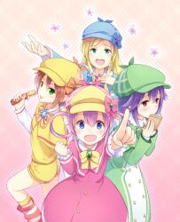  4girls bad_id bad_pixiv_id bow capelet cordelia_glauca deerstalker gradient_background green_capelet halftone halftone_background hat hercule_barton looking_at_viewer multiple_girls pink_bow pointing pointing_at_viewer sakusaku sherlock_shellingford tantei_opera_milky_holmes yuzurizaki_nero 