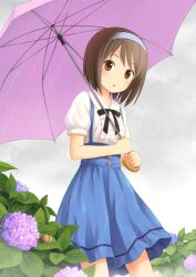  :o absurdres blush brown_eyes brown_hair cloud cloudy_sky commentary_request cowboy_shot dress female flower hairband highres holding hydrangea kuro_(chrono) looking_at_viewer open_mouth original outdoors polka_dot polka_dot_hairband rain short_hair short_sleeves sky snail solo umbrella wet 