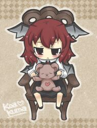  :&lt; :3 aged_down bad_id bad_pixiv_id bat_wings blush brown_eyes brown_hair chair chibi female full_body head_wings highres koakuma pun shirt short_hair sitting skirt skirt_set solo stuffed_animal stuffed_toy teddy_bear touhou vest wings yuasan 