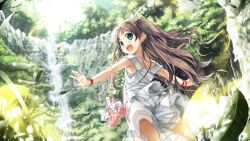  :d bag bare_arms blue_eyes bracelet brown_hair cura dress female game_cg hands happy jewelry leaf looking_back monobeno nature non-web_source open_mouth outstretched_arms ribbon sawai_natsuha scenery smile solo spread_arms sunlight tree two_side_up water waterfall wind wind_lift 