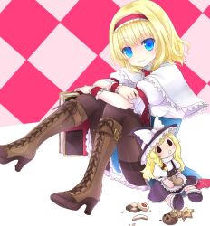  515m alice_margatroid black_pantyhose blonde_hair blue_eyes blush book boots capelet character_doll checkered commentary_request cookie cross-laced_footwear female food hairband kirisame_marisa looking_at_viewer pantyhose short_hair sitting smile solo thighband_pantyhose thumbprint_cookie touhou wrist_cuffs 