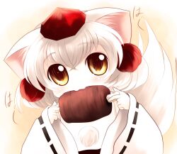  :3 animal_ears boned_meat commentary_request eating female food hat highres inubashiri_momiji meat photoshop_(medium) solo tail tokin_hat touhou upper_body white_hair wide_sleeves wolf_ears wolf_tail yellow_eyes yume_shokunin 